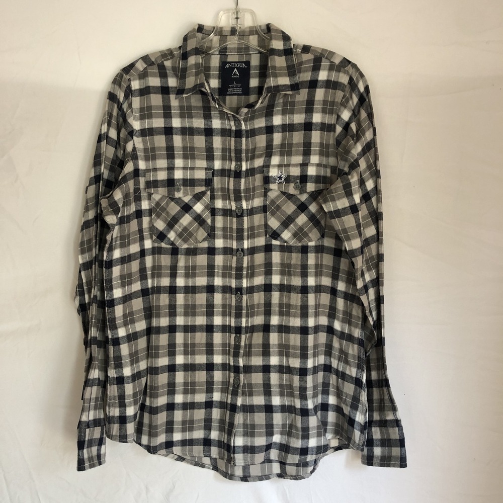 Dallas Cowboys Shirt Womens Large Beige NFL Football Antigua Plaid Flannel
